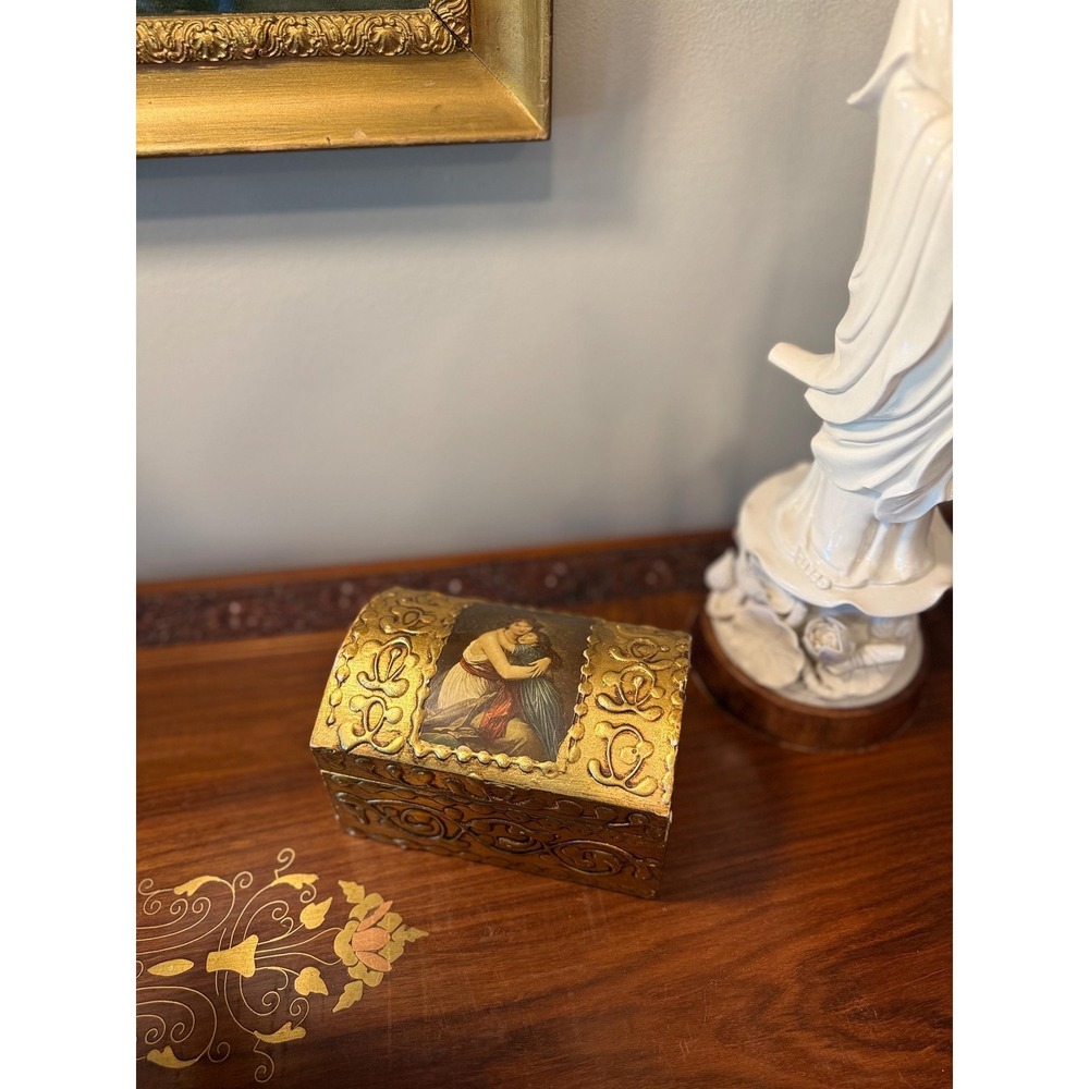 Vintage Gold Trinket Box with Mother and‎ Child Art